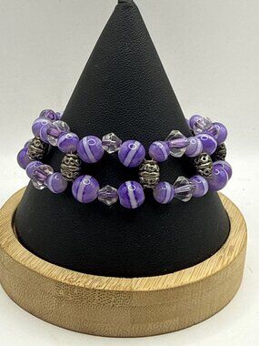 Boho Purple Striped Glass Double Strand Toggle Clasp Bracelet Silver Tone Goth